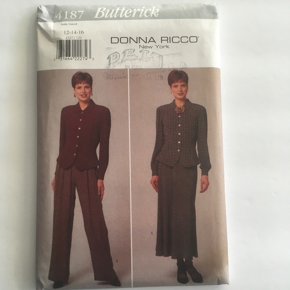 Butterick Sewing Pattern Donna Ricco #4187 Size 12-14-16 $10/1 Patt. $24/3 Patt.
